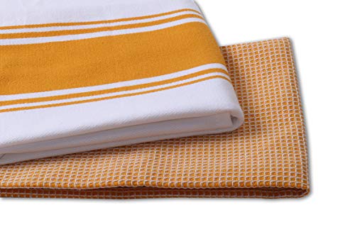 Cotton Kitchen Towels (Yellow / 2 Stripe + 2 Waffle Towels)