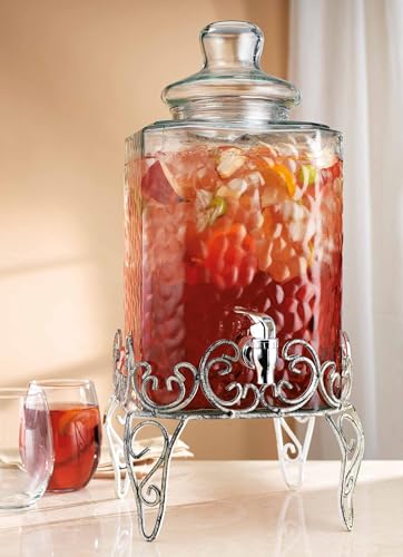 2.5 Gallon Classic Hammered Glass Beverage Dispenser with Elegant Stand (Clear-2.5-Gallon)