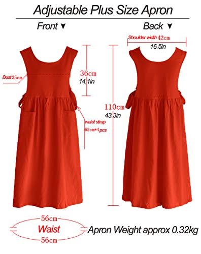 Women Plus Size Cotton Linen Vintage Pleated Split Apron Pinafore Dress with Two Pockets (Red / 43.4"L)