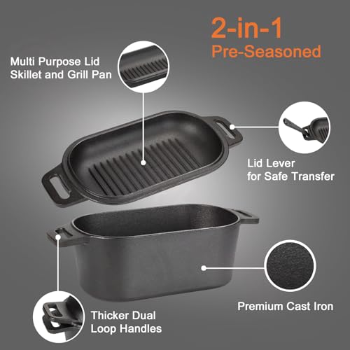 2-in-1 Pre-Seasoned Cast Iron Dutch Oven Pot with Lid as Skillet, Grill Pan, with Lid Lever, Dual Loop Handles, Oval Heavy Dutch Oven for Bread Baking, Frying, Camping, BBQ, 3.8 QT Black