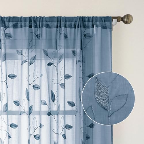 Stone Blue Kitchen Curtains Leaf Embroidered (52"W x 54"L (Pack of 2) / Stone Blue)