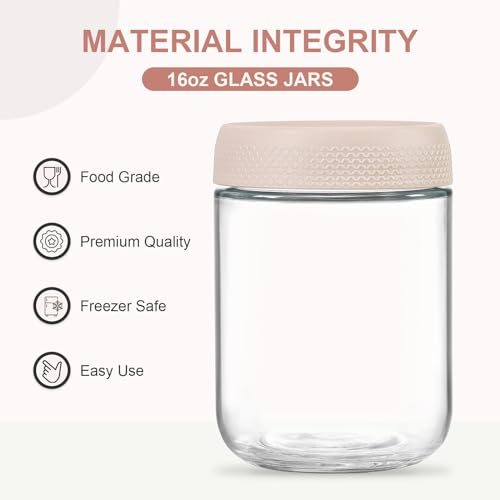 6 pack 16oz Glass jars with Airtight Lids (Beige-6pack-16oz)