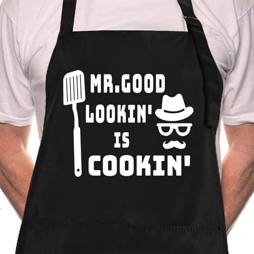 Funny Black Chef Aprons for Men Adjustable BBQ Kitchen Cooking Apron (Mr.good Lookin，is Cookin)