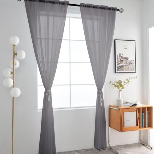Grey Sheer Curtains 4 Panels Rod Pocket Semi (Grey / 52"W x 90"L (Pack of 4))