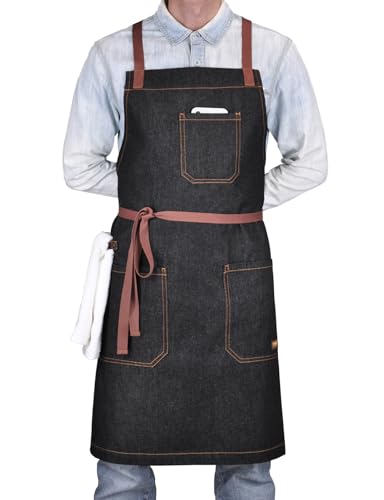 Mens Womens Cooking Apron with Cross Back Straps (Black Denim With Cross Back Straps)