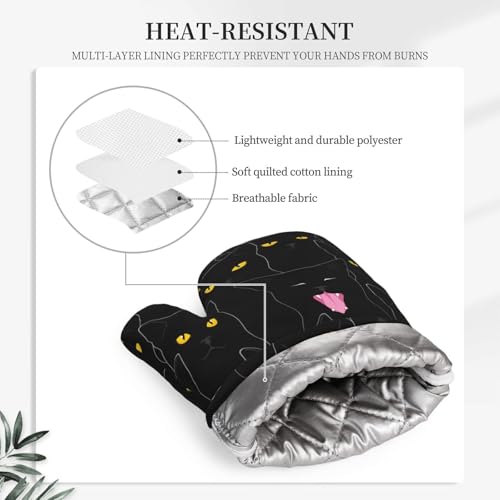 Fun Black Cat Oven Mitts and Pot Holders Set of 4 Silicone Heat Resistant Oven Mitten Potholders Non Slip Gloves Kitchen Decor for BBQ Cooking Grilling Baking (Fun Black Cat)