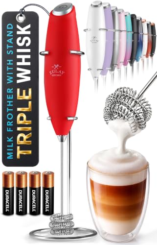 Powerful Milk Frother Wand With Duracell Batteries (Maroon Red / Triple Whisk + Batteries)