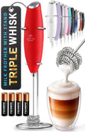 Powerful Milk Frother Wand With Duracell Batteries (Maroon Red / Triple Whisk + Batteries)