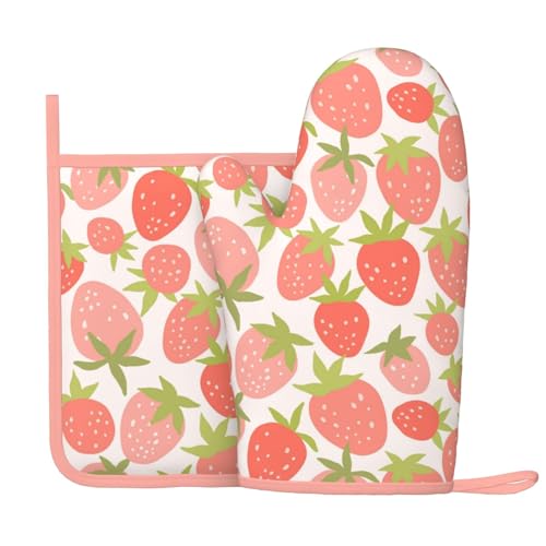 Strawberry Silicone Oven Mitts Pan Mats Set of 2 (Strawberry)