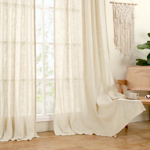 Beige Linen Sheer Curtains 96 Inches Long for Living Room 2 Panels (52"W x 96"L (Pack of 2) / Beige)