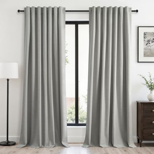 Frost Grey Blackout Linen Curtains 96 Inches Long 2 Panels for Bedroom 100% Black Out Curtains Thermal Insulated Noise Reducing Neutral Modern Living Room Darkening Window Drapes 96 inches Length (Frost Grey / 52"W x 96"L (Pack of 2))