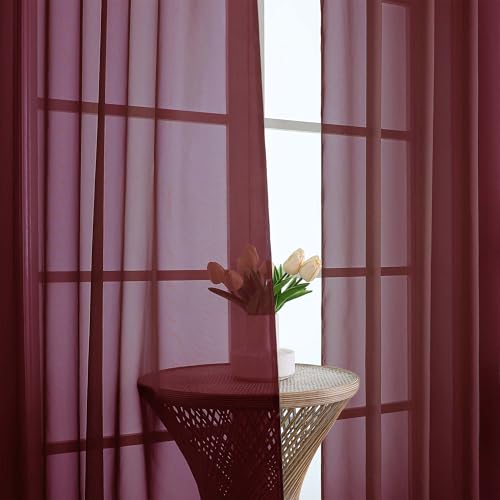 Burgundy Sheer Curtains 84 Inches Long 2 Panels Set for Living Room (Burgundy Wine / 59"W x 84"L (Pack of 2))