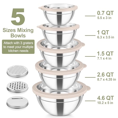 Mixing Bowls Stainless Steel Salad Serving Bowl with Clear Lids (Khaki)