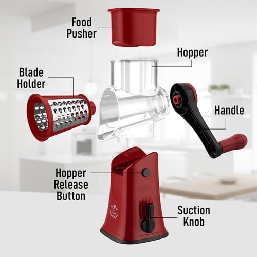 Rotary Cheese Grater Manual Hand Crank 5 Blade Shredder (5 Blades / Red)