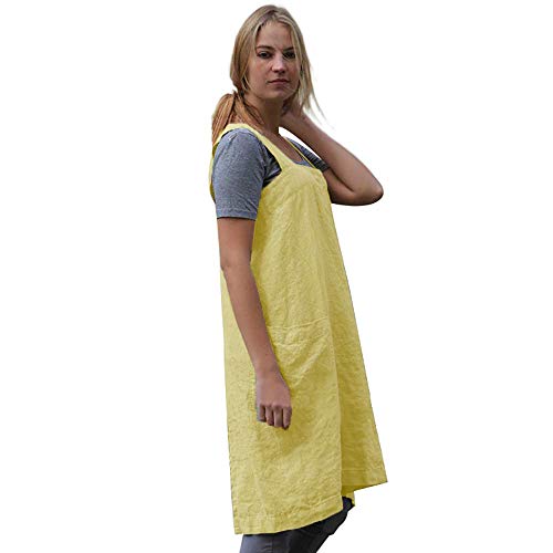 Women's Pinafore Square Apron Baking Cooking Gardening Works Cross Back Cotton (Large / Y-yellow)