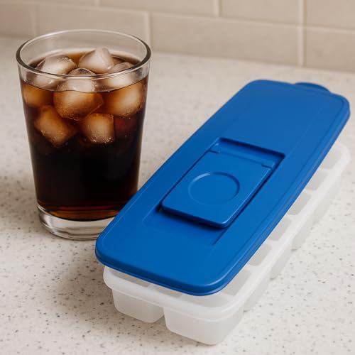 2-Pack No-Spill Ice Cube Trays with Lids – BPA-Free, Easy Release & Stackable Freezer Trays – Covered Ice Molds for Drinks, Whiskey, Cocktails, and Juice – Blue
