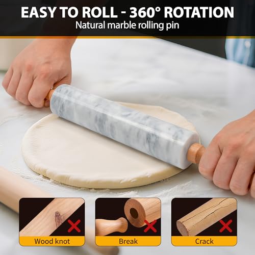 16.7 Inches Marble Rolling Pin for Baking with Wooden Handles & Wooden Cradle