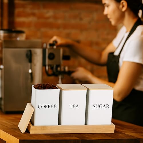 3 Pack Coffee Tea Sugar Container with Tray Airtight Metal Canister with Bamboo Lid Tray for Kitchen Counter Dining Room Farm House Kitchen Style Drink Station Organizer Set