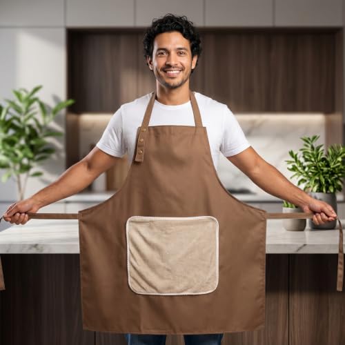 Kitchen Apron for Women Men with Pocket & Hand Towel (Brown)