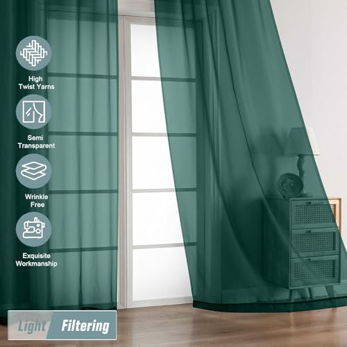 Green Sheer Curtains 90 Inches Long 2 Panels (42"W x 90"L (Pack of 2) / Hunter Green)