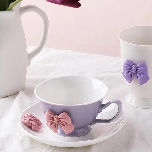 Bow Coffee Mugs Set with Saucer 200 ML Coquette Mug Porcelain Bow Cute Tea Cup Coffee for Women Girl (Purple Bow Coffee Mug)