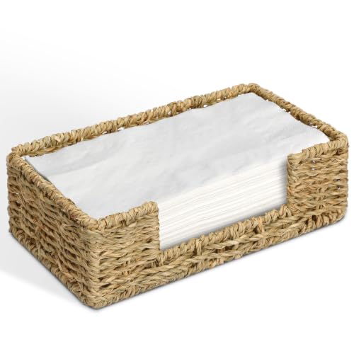 Bathroom Disposable Guest Towel Napkin Holder Long Seagrass Woven Rattan Wicker Table Dinner Paper Hand Guest Towel Napkin Basket Tray Caddy for Kitchen (L9.3" X W5.5" X H2.8")