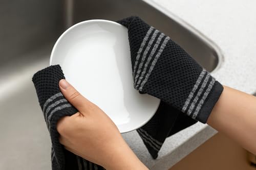 Black Grey Kitchen Hand Dish Towels Waffle Ruffle Textured Set of 3 (Rainah Black)