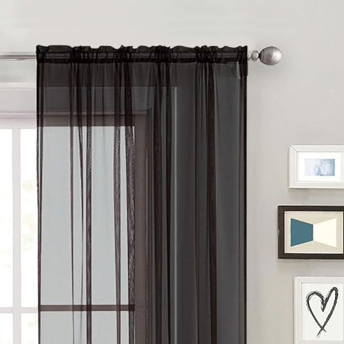 Black Sheer Curtains 4 Panels Rod Pocket Semi (Black / 52"W x 84"L (Pack of 4))