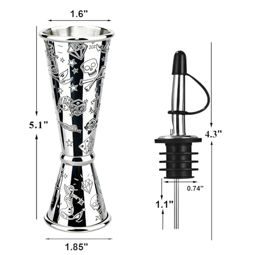 Jigger for Bartending (1 Jigger+ 2 Pourers with Caps / Printing Carving)
