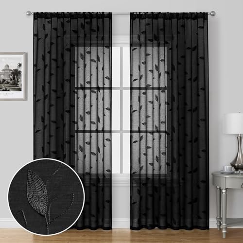 Black Sheer Curtains Leaf Embroidered (52"W x 96"L (Pack of 2) / Black)