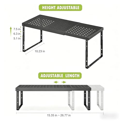 Expandable Cabinet Organizer Shelf With Adjustable Height (Black-1 Pack / 10.23"D*15.35-26.77"W x 7.5"H)