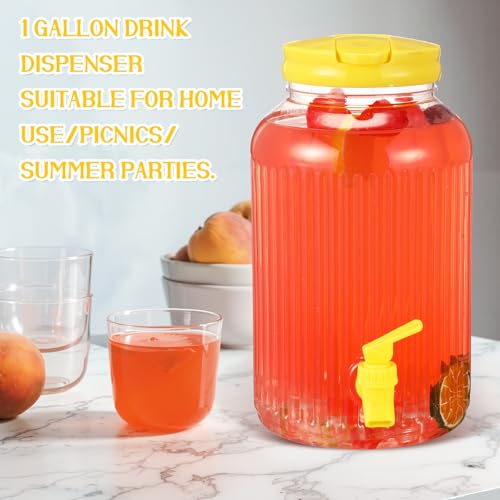 2 Pieces 1 Gallon Plastic Beverage Dispenser with Spigot Striped Clear Large Drink Beverage Dispenser Summer Fridge Water Container with Tap for Party Iced Tea (Yellow)