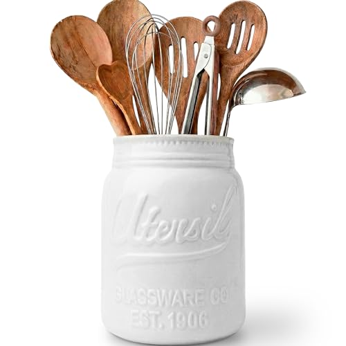 White Mason Jar Utensil Holder (White | Jar Utensil Holder)
