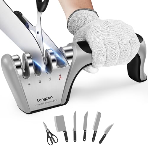 5-in-1 Knife Sharpener 4 Stage with Cut-Resistant Glove, Quickly Sharpens & Restores Dull Blades, Easy & Safe for Home Manual Kitchen Use, Fits Most Knives and Scissors, Black+Silver (Black+Silver)
