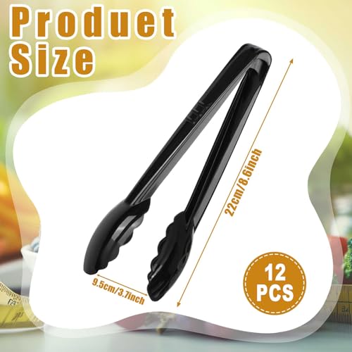 12 Pc Serving Tongs 9 Inch Bulk Reusable or Disposable Plastic Tongs Heavy Duty Hard Plastic Serving Utensils Set Large Salad Tong for Kitchen Party Food Buffet Appetizer Catering (Black)