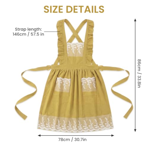 Aoomzoom Vintage Aprons for Woman with Pockets Cute Lace Ruffle Adjustable Apron for Cooking Kitchen Baking Gardening (Lemon Yellow)
