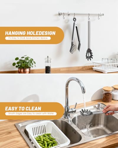Spaghetti Spoon and Pasta Tong with Teeth and Drain Holes (Gray)