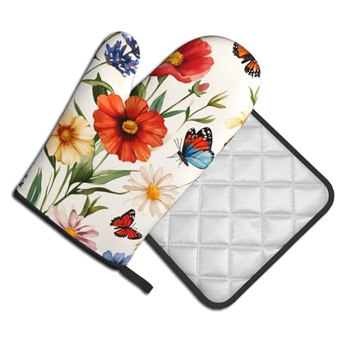 Cute Oven Mitts and Pot Holders Sets Poppy Daisy Flowers Kitchen Gloves Lavender Butterfly Hot Pads 2 Pieces Set Spring Summer Floral Kitchen Decor and Accessories (Poppy Daisy Lavender With Butterfly)