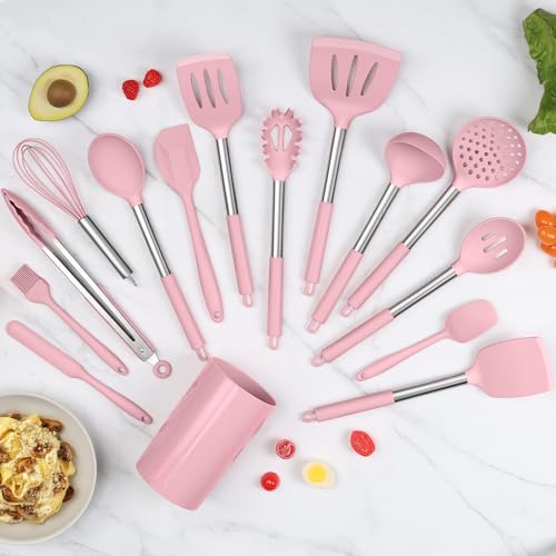 15 Piece Cooking Utensils Set with Stainless Steel Handle (Pink)