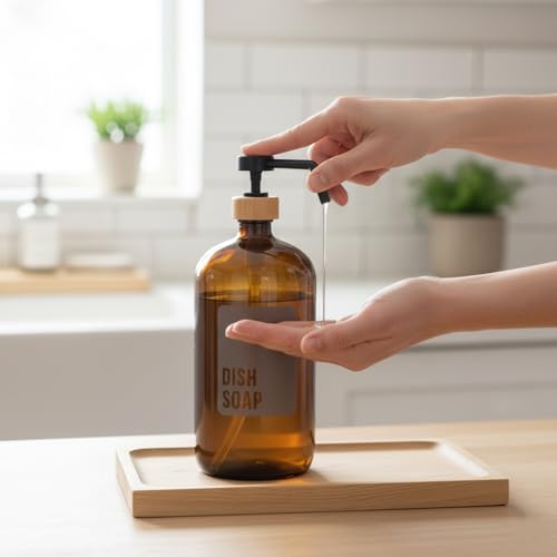Amber Glass Dish Soap Dispenser for Kitchen Sink 1 Liter (Amber - Dish Soap 1 Ltr)
