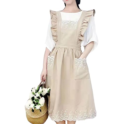 Cute Cotton Apron Frilly Lace Ruffle Adjustable Pinafore Apron Dress with Pockets for Cooking Baking Cleaning Gardening (Beige)