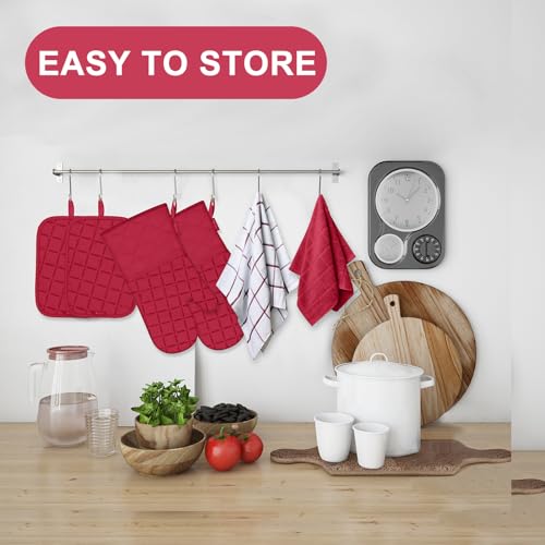 Oven Mitts Kitchen Towels and Dishcloths Pot Holders Sets (Red)
