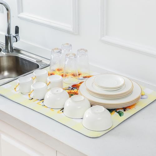 2 Pcs Spring Dish Drying Mat Summer for Kitchen Counter (Sunflower)