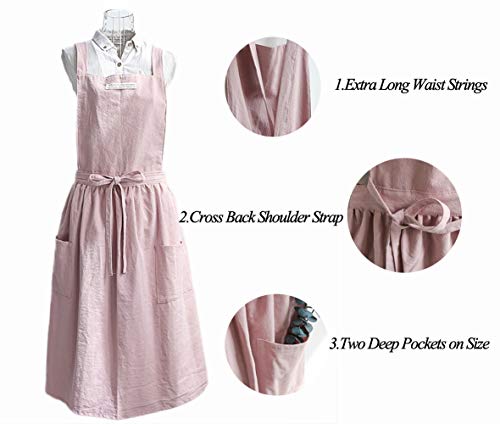 Women Girls Vintage Apron Adjustable Gardening Works Cross Back Cotton (Lightpink / Large)