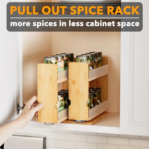 Bamboo Pull Out Spice Rack Organizer for Cabinet (7.3" Wide, 2 Drawers(3" Wide), 2-Tier / Natural)