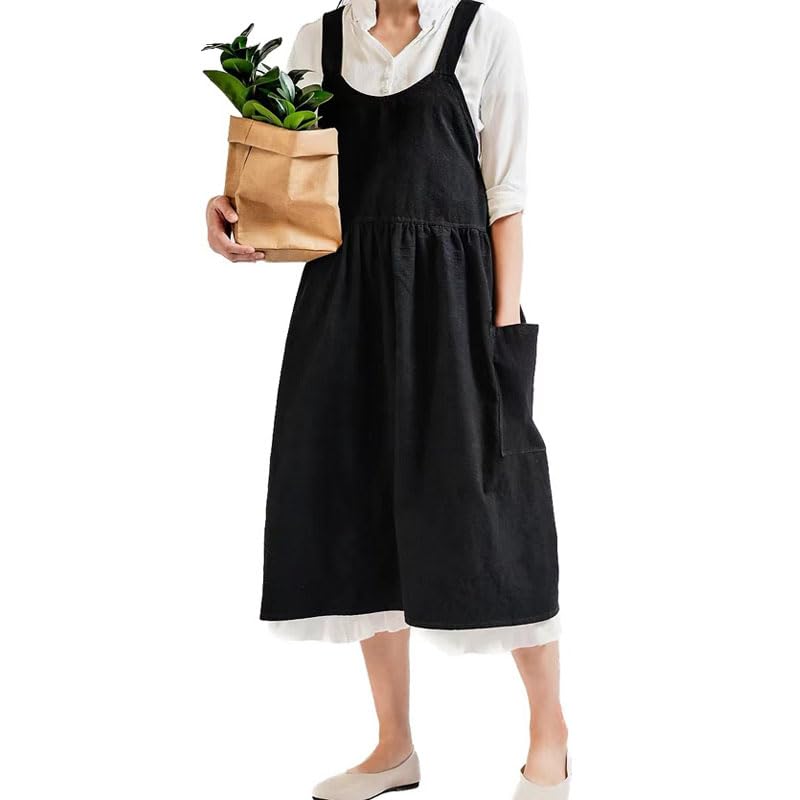 Cotton Cross Back Kitchen Cooking Aprons for Women with Pockets Cute for Baking Gardening Cleaning Without Waist Ties (Black-c)