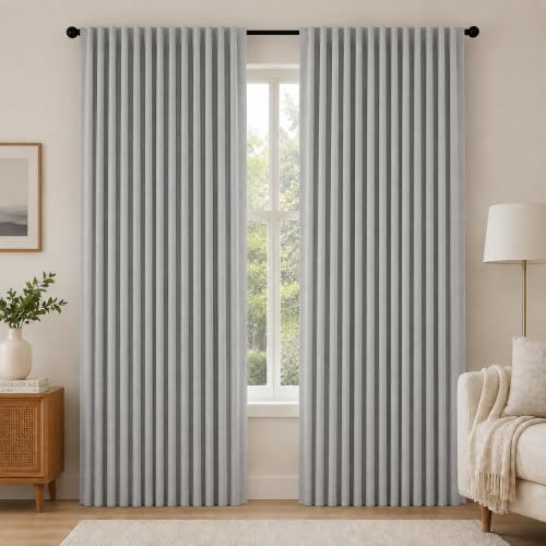 100% Blackout Linen Curtains for Bedroom Living Room 63 Inch Long (Light Grey/100% Blackout / 52"W x 63"L (Pack of 2))