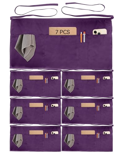 7 Pack Server Aprons with 4 Pockets (7 Pack Short Apron-purple)