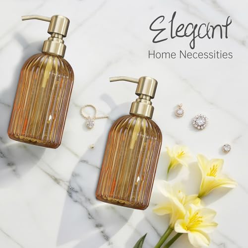 16 OZ Amber Glass Soap Dispenser (Brushed Gold + Amber / 2-Pack)