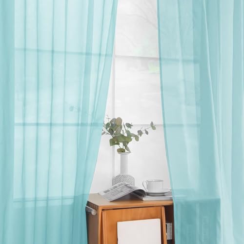 Solid Sheer Rod Pocket Curtain Voile Draperies 2 Panels White Beige Black Grey Ivory 52 Inch Width 90 Inch Long 1 Pair for Kitchen Bedroom Children Living Room Yard (Sky Blue / 52"W x 90"L (Pack of 2))